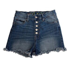 Hot Kiss Juniors High-Rise Button-Fly Denim Shorts Frayed Hem Size 7 Blue